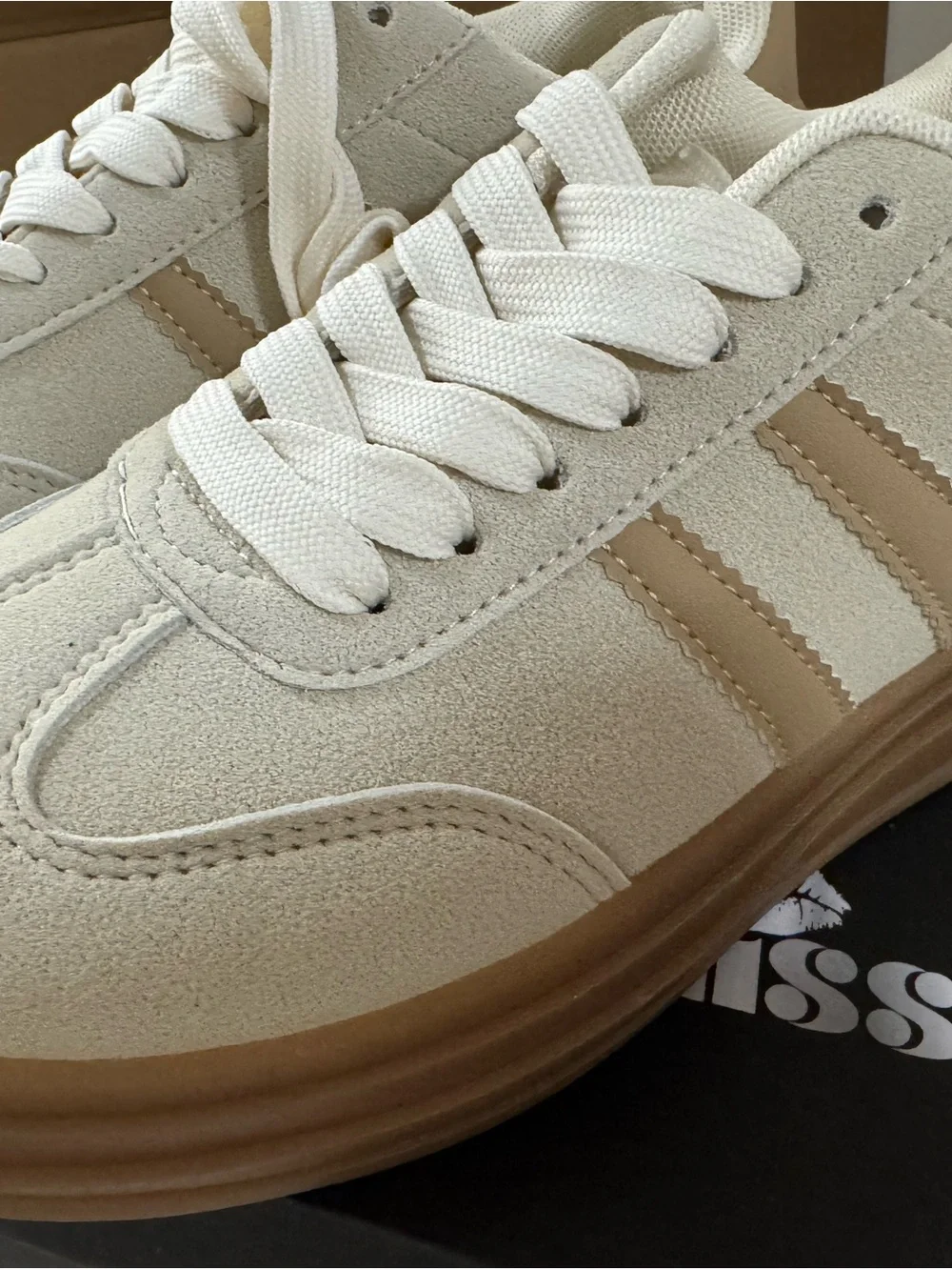 Sugarlips Cream Suede Sneakers with Tan Accent Stripes